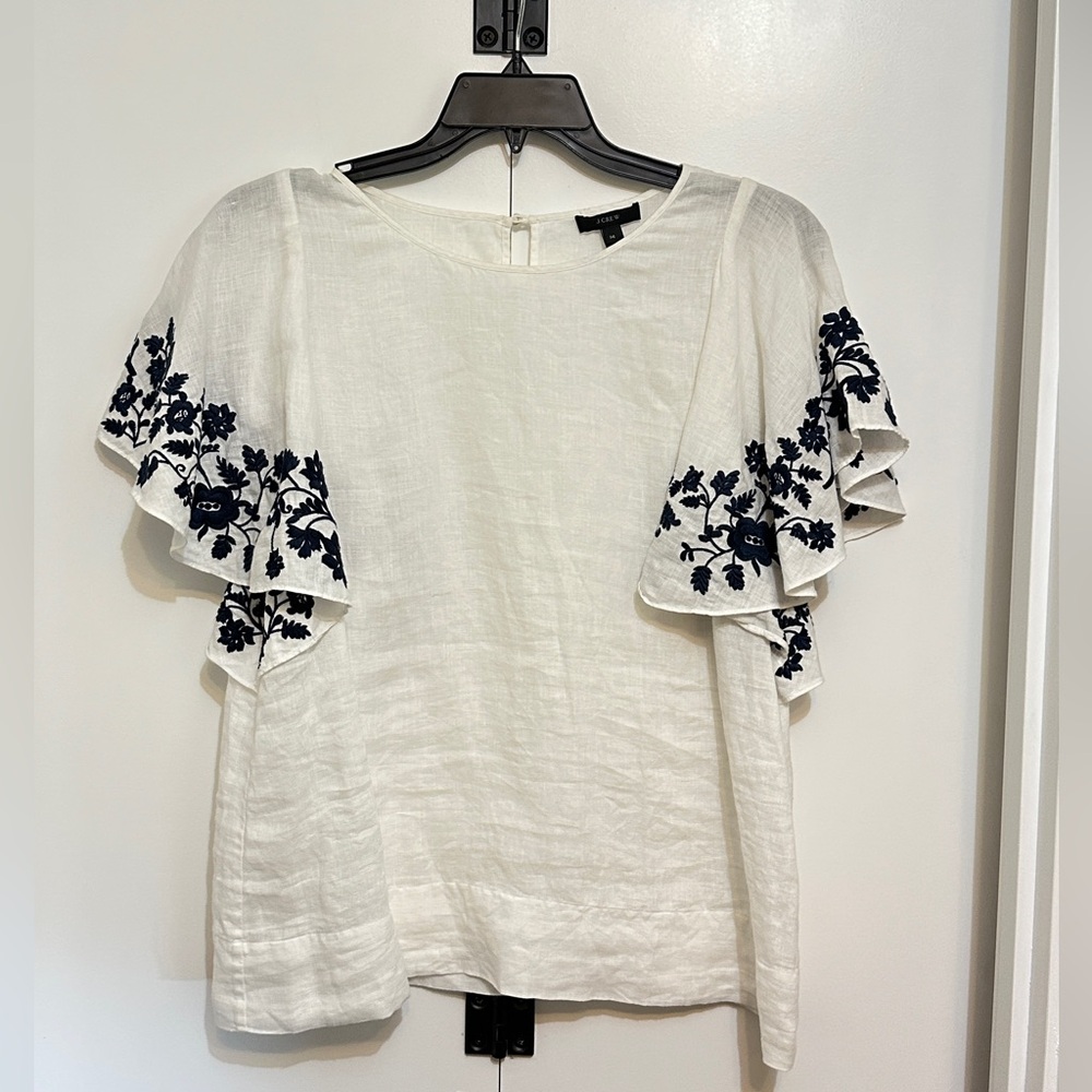 J. Crew White Linen w/ navy Embroidered Flutter sleeve Blouse